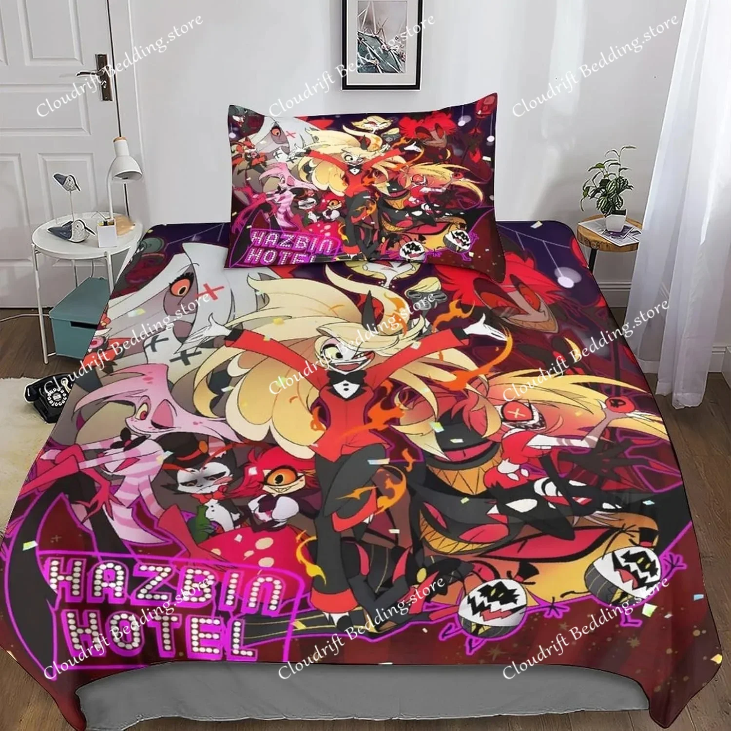

Hazbined Hotel Duvet Cover Set Cartoon Charlie Vaggie Alastor AD Quilt Cover Pillowcase Set Bedding Set Full Queen King Size026