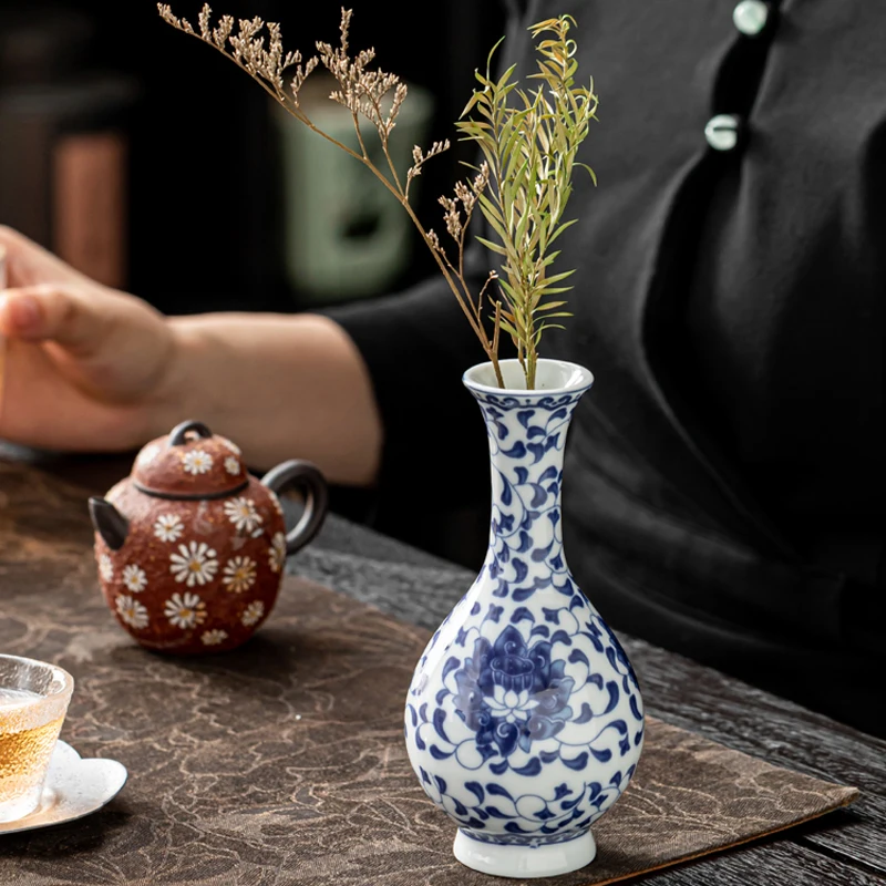 Chinese Blue Porcelain Vase-Mini Antique Flower Vessel Handcrafted Tea Ware for Dried Bouquets Boho Chic Living Room Centerpiece