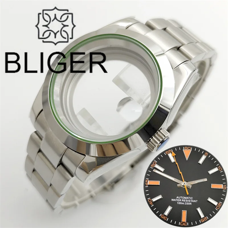 BLIGER 36mm/39mm MILGAUSS Style Watch Case Set With Green Glass Gasket Lighting Sapphire Crystal Fit NH35 NH36 Miyota DG ETA2824