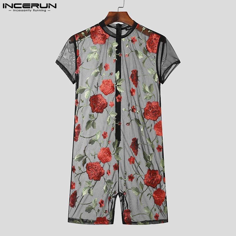 2024 Men\'s Bodysuits Mesh Transparent Flower Embroidery O-neck Short Sleeve Rompers Sexy Fashion Unisex Playsuits S-5XL INCERUN