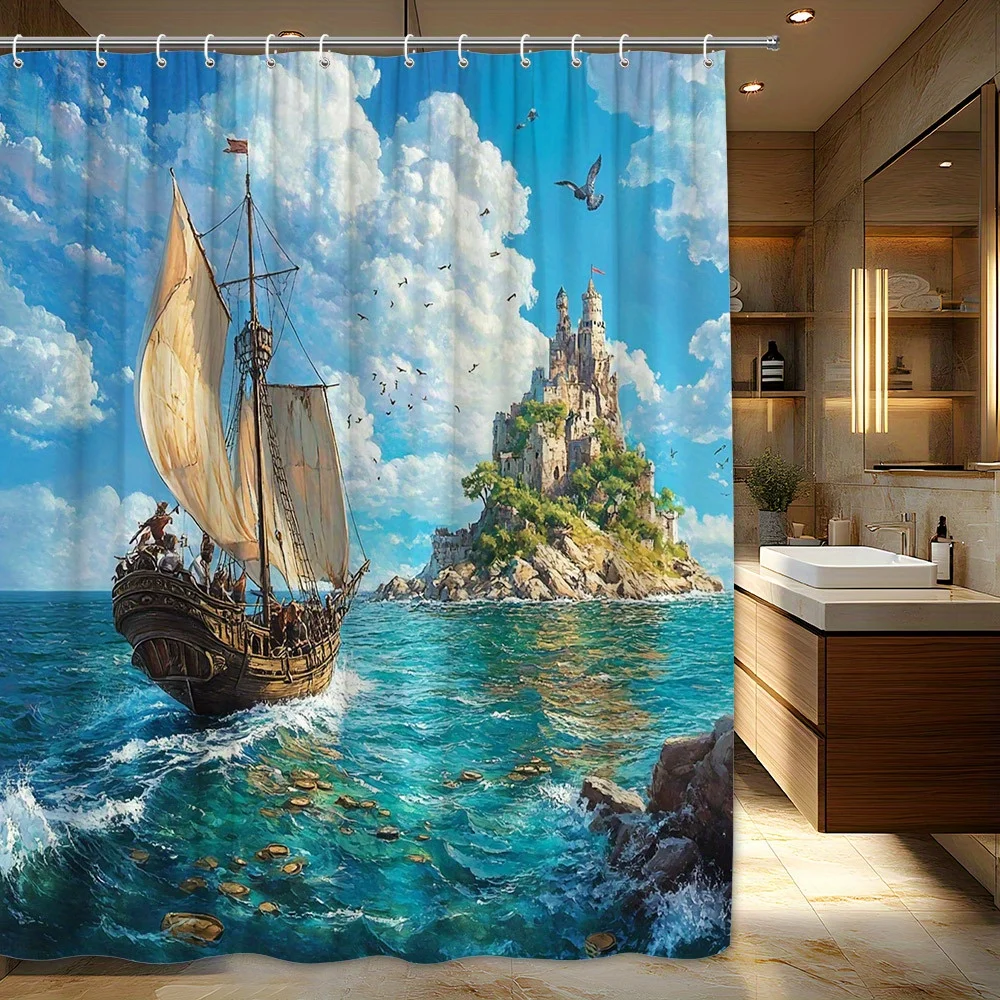 Sailing Ship Castle Shower Curtain Polyester Printed Home Decor Adventure Theme Interior Design Nautical Style