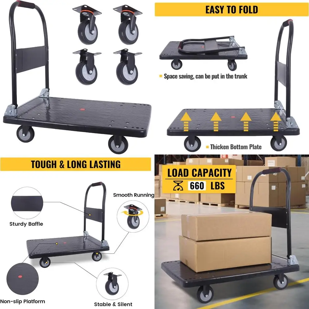 

Upgraded Heavy-Duty Foldable Platform Cart with PU Wheels for 660 lbs Capacity, Black Push Cart Dolly for Moving