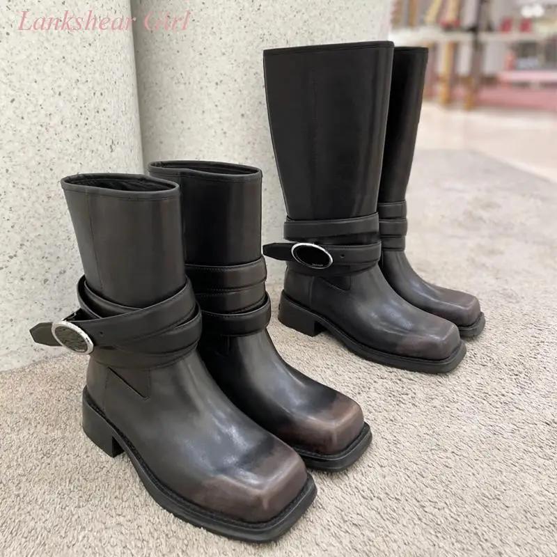 

2024 New Brand Design Women's Lace-Up Wrapped Thick-Soled High Boots Brown Western Cowboy Boots Square Toe Knight Boots