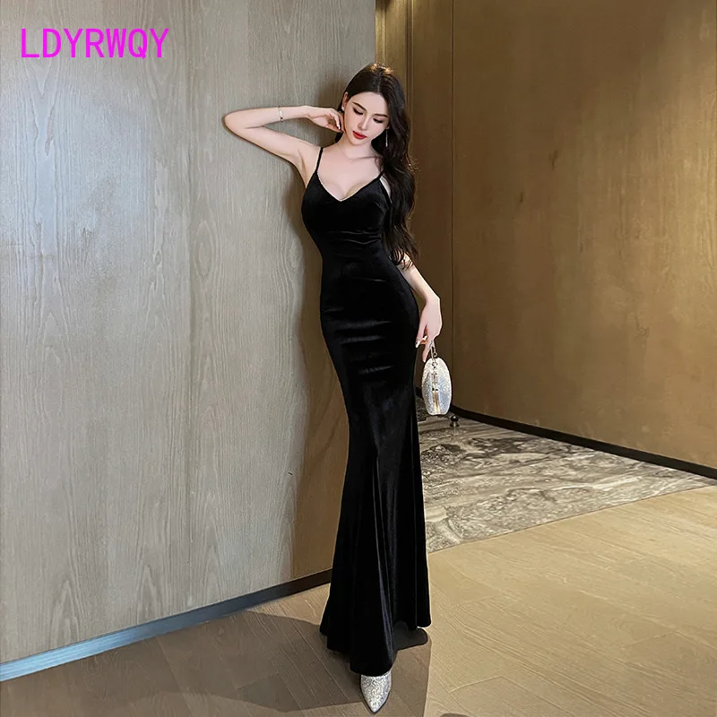 Sexy low cut, buttocks wrapped, suspender long skirt, elegant backless studded beaded nightclub evening dress, technician dress