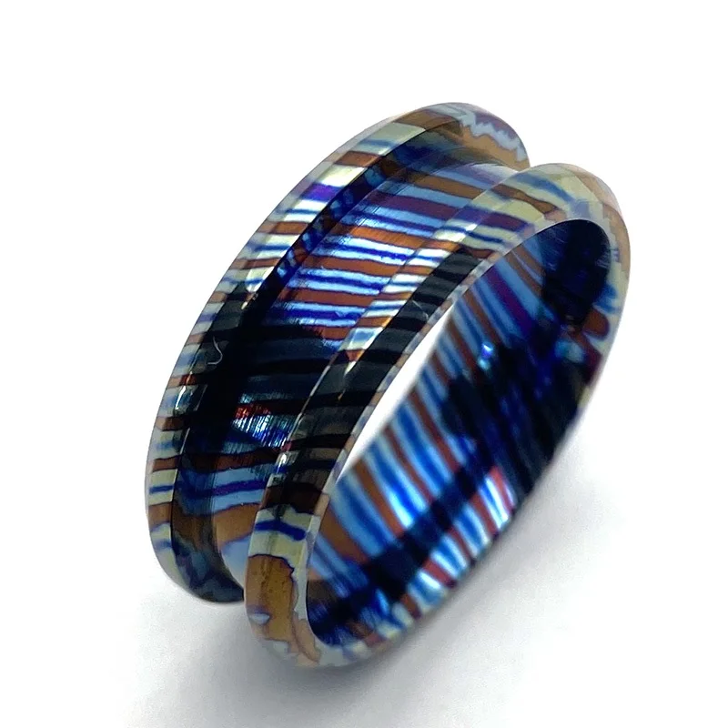 8mm Beveled Edges Polished Handmade Twisted Titanium Damascus Timascus Ring Blank for Inlay