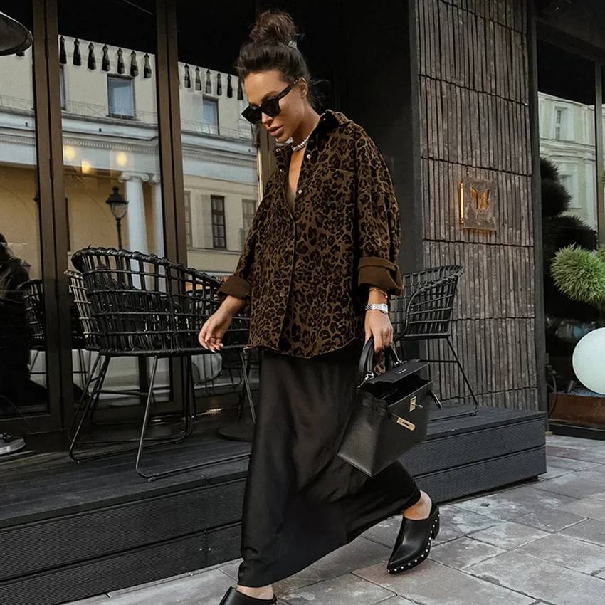 Leopard Print Cotton spring jacket Women blouse shirts summer Cardigan Streetwear Oversized long sleeves women clothing