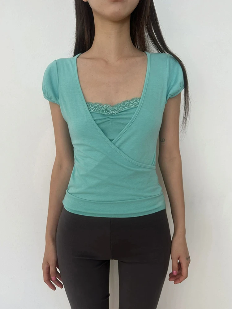 Weird Puss Lace t-Shirt Women Low-Neck Skinny Simple Classic Daily Summer Fashion High Elasticity Leisure Commute Streetwear