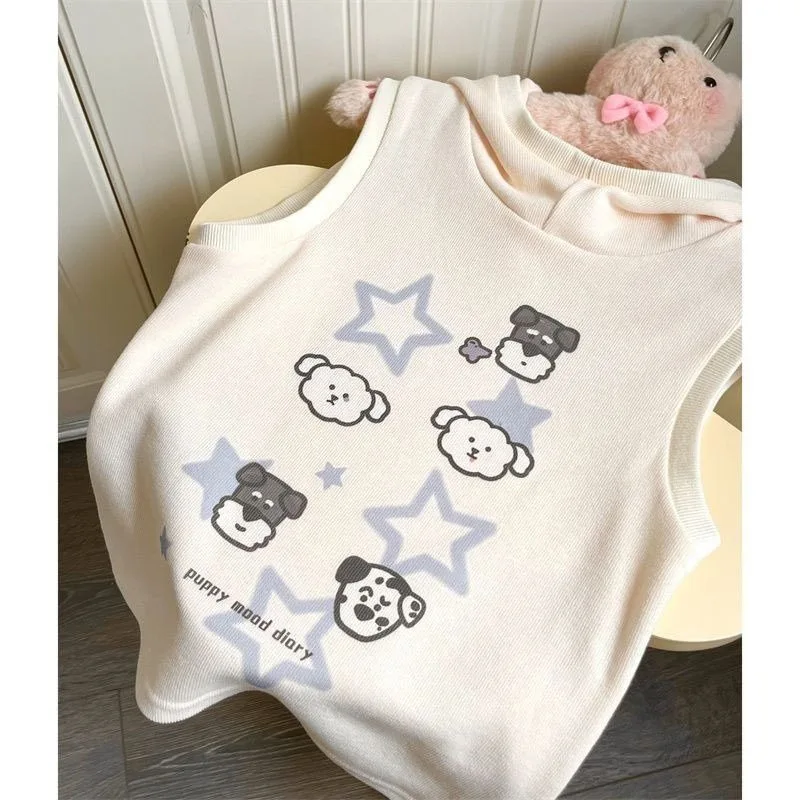 Sweet Y2k Kawaii T Shirts Sleeveless Hooded Cartoon Dog Print Aesthetics Crop Tops Summer Preppy Style Harajuku Girl Clothing