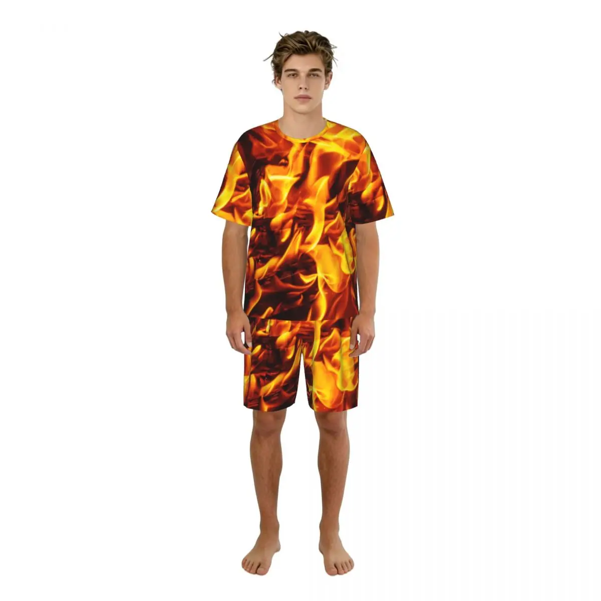 

Men's Pajama Set Short Sleeve Top + Shorts Fire At Night Loungewear Comfortable Night Suit