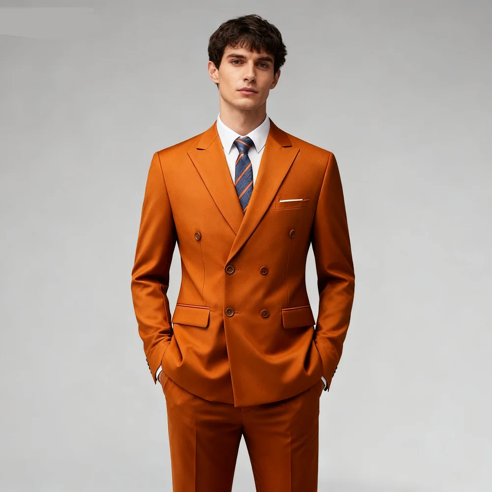 

Solid Man Double-breasted 2 Piece Outfit Set Peak Lapel Wedding Business Casual Stage Costume Graduation Suit