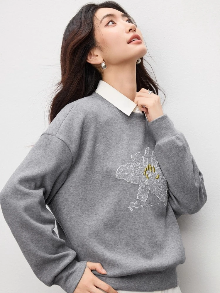 SENTUBILA Knitted Sweatshirts for Woman 2025 Autumn Winter O Neck Loose Pullovers Casual Letter Embroidered Sweaters 153AC3453