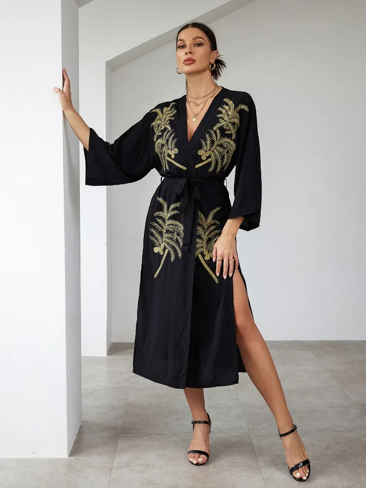 Beach Kimono Cover Ups for Swimwear for Women Gold Flower Embroidery Swimsuit Cape Self Belted Wrap Dresses Pareo Bathing Suits