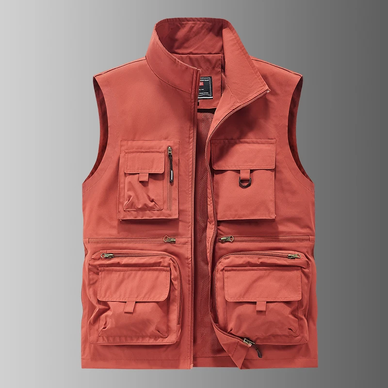 

High Quality Men Fishing Multiple Pockets Solid Stand Collar Vest Water-proof Sleeveless Outdoor Hiking Breathable Zipper Vest