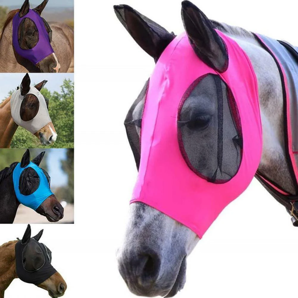 Máscara de caballo antimoscas transpirable con orejas, equipo de equitación para caballos, protección UV, máscara para moscas de caballo, equipo ecuestre
