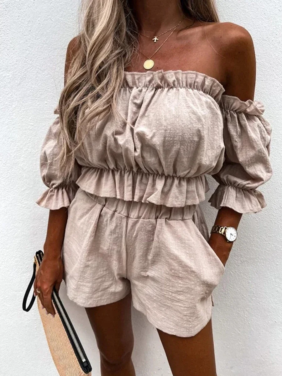 

Two-Pieces Top and Shorts Suits Summer Beach Suits Women Casual Off-Shoulder Short Sleeve Crops Tops High Waist Shorts