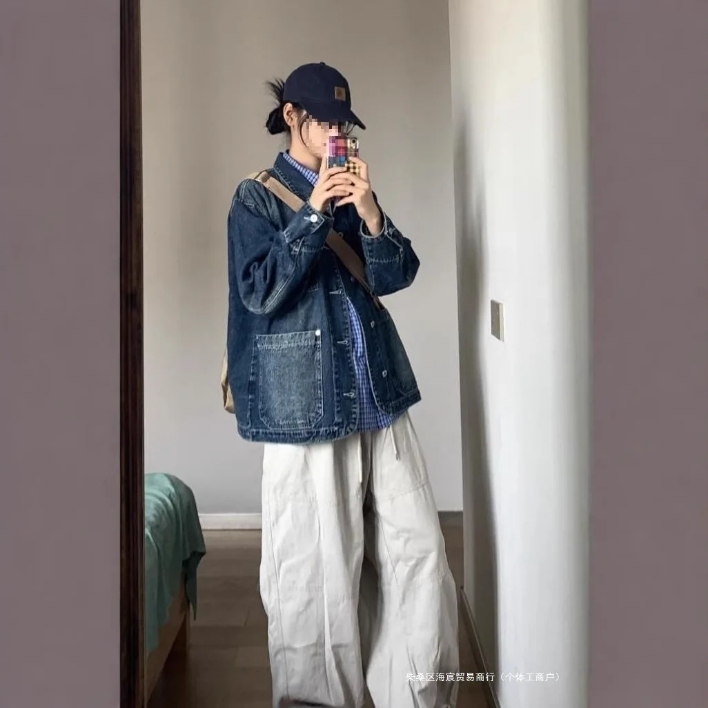 

Coat Women Denim Coats Turn Down Collar Y2k Streetwear Jackets Work Casual Loose Work Elegant Splice Jacket 2025 Autumn