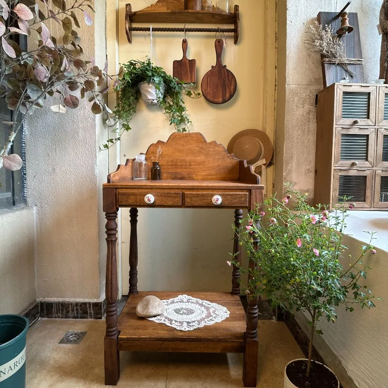 Vintage Solid Wood Garden Sink Table Rustic Outdoor Wash Stand American Retro Basin Counter Decorative Utility Table Patio Yard