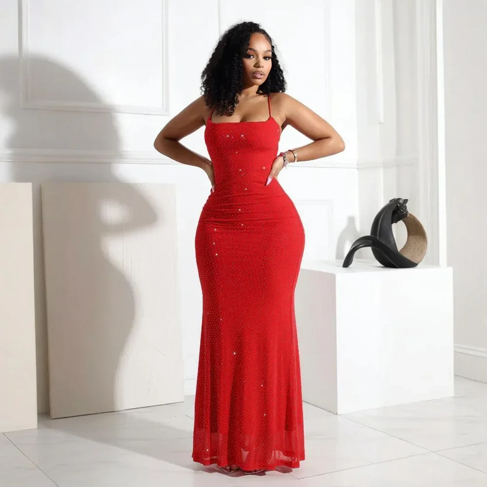 Vestido de malha de poliéster sexy sem mangas quente diamante bodycon magro festa vestido magro cor sólida