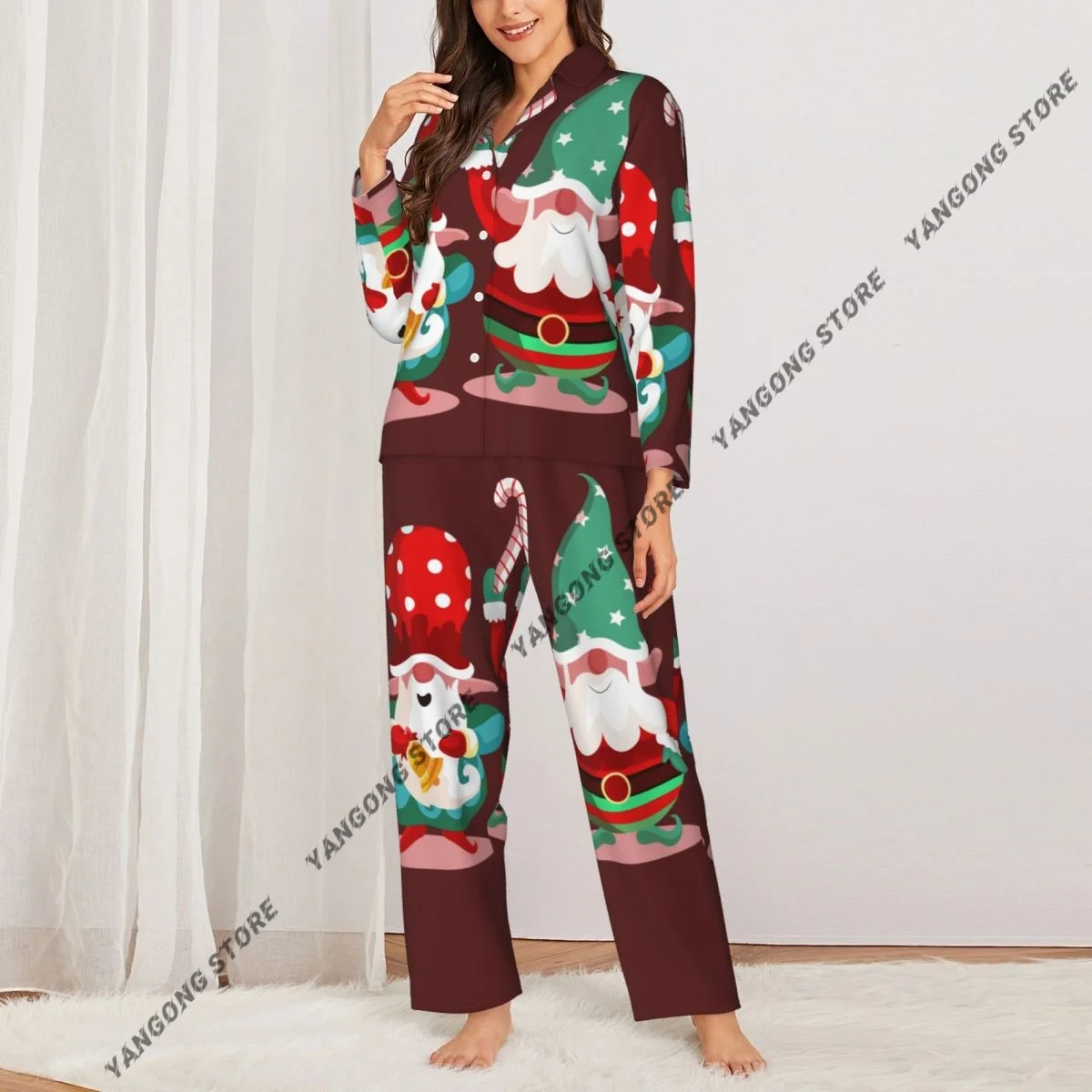 Women Sleepwear Pajamas Christmas Colorful Gnomes Long Sleeve Pijama Female Set Negligee Cardigan Suit