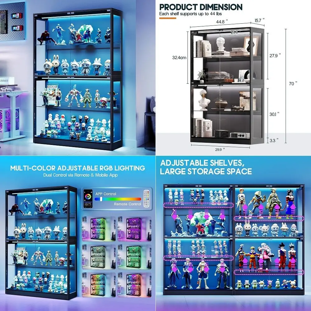 Vitrina con Puertas de Vidrio, Vitrina Transparente de 70 Pulgadas de Alto con Luces LED RGB para Coleccionables, Figuras, Vitrina Iluminada de 6 Niveles