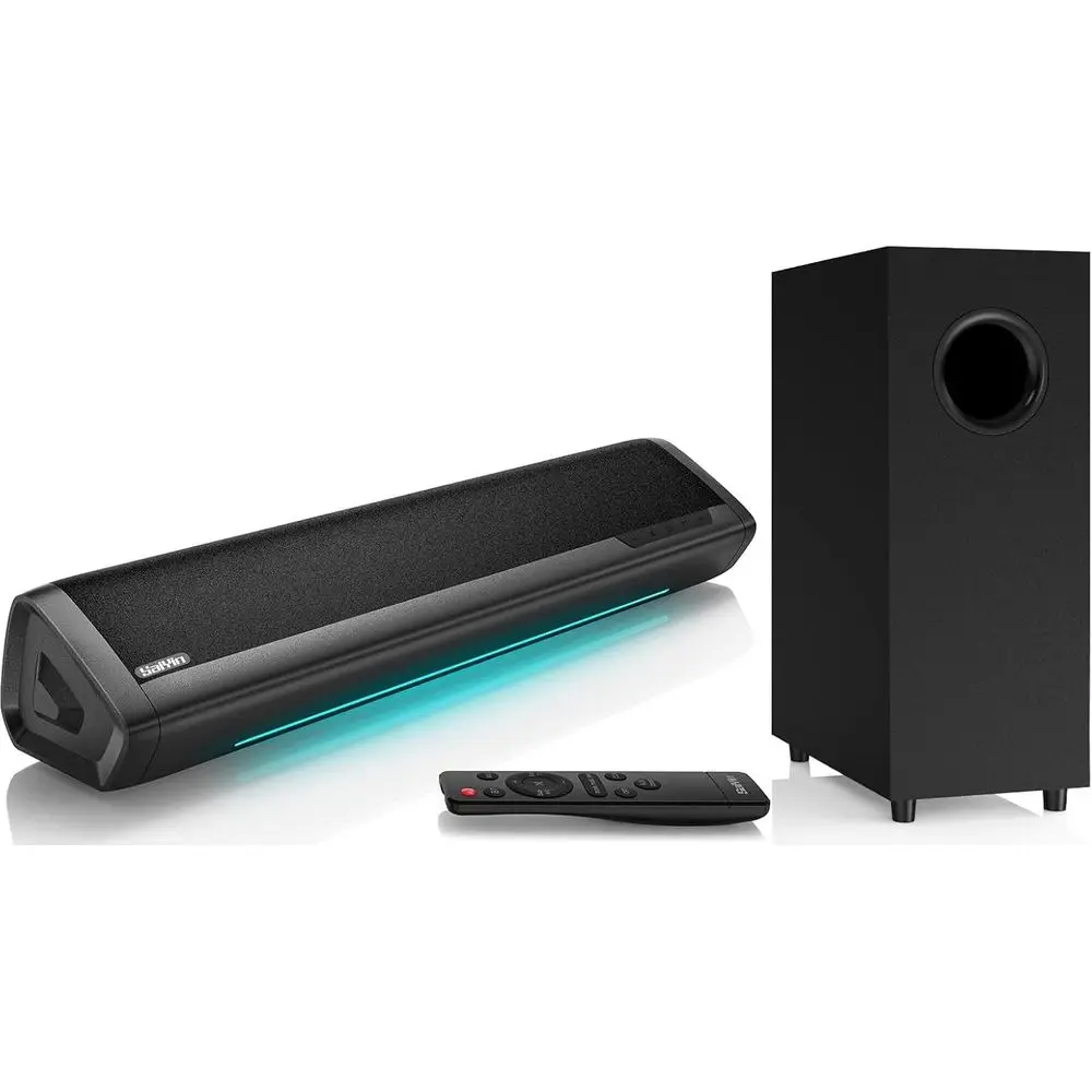 

17-inch Compact Soundbar with Subwoofer, 2.1 Channel Home Theater System for PC Gaming, Bluetooth/AUX/Optical, Wall-Mountable