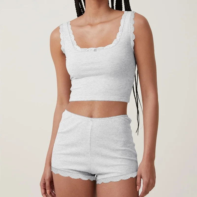 Sexy Women's 2 Piece Set White V Neck Ruffled Crop Top Elastic Waist Short Set Straight Shorts Women's Two Piece Set Lounge Wear