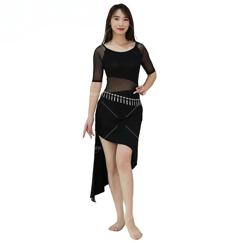 

2019 Cheap One Piece Modal Dress Bellydance Outfit Sexy Mesh Oriental Dance Practice Show Skirt Black Long Sleeve