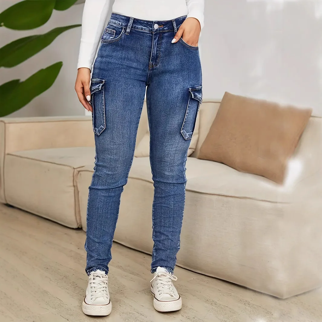 Jeans Pencil Pants Women Vintage Denims Multiple Pockets Low Waist Washed Distressed Stretch Streetwear Ankle Length Trousers