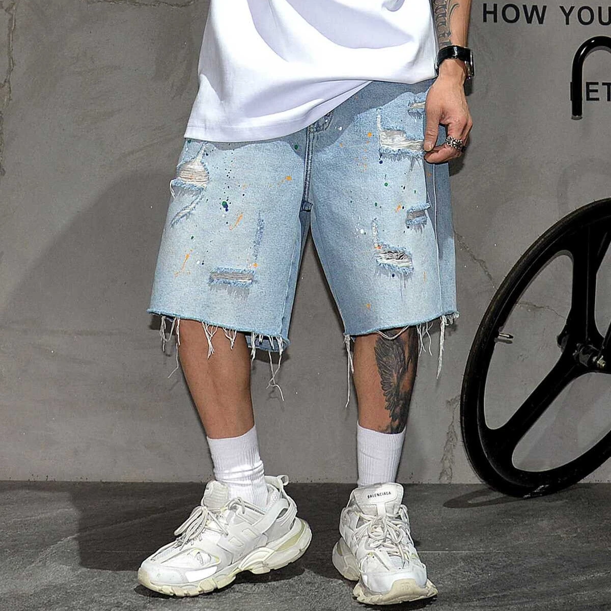 American Streetwear Ripped Denim Shorts For Men Korean Fashion Baggy Jorts Kpop Blue Shorts Summer Trend Skateboard Pants Male