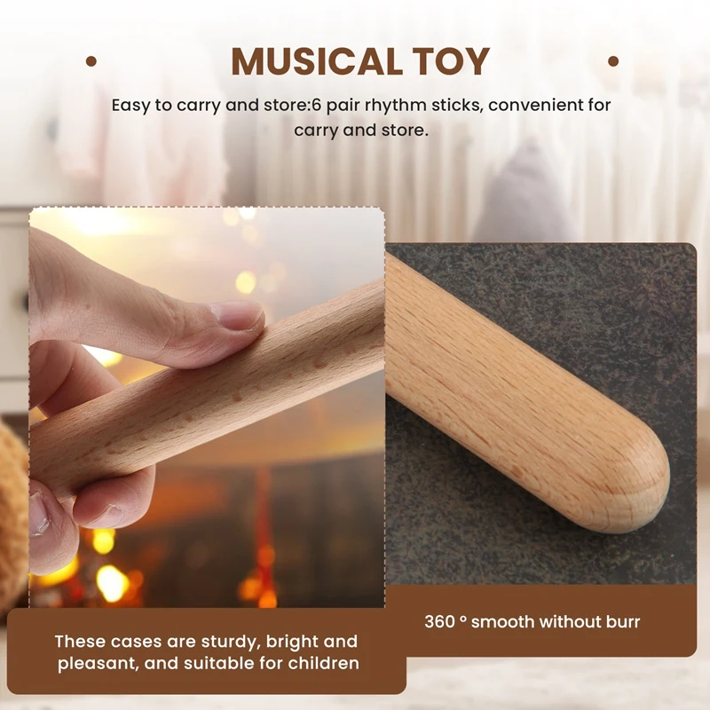 6 Pairs Wood Claves Musical Percussion Instrument Rhythm Sticks Percussion Rhythm Sticks Children Musical Toy