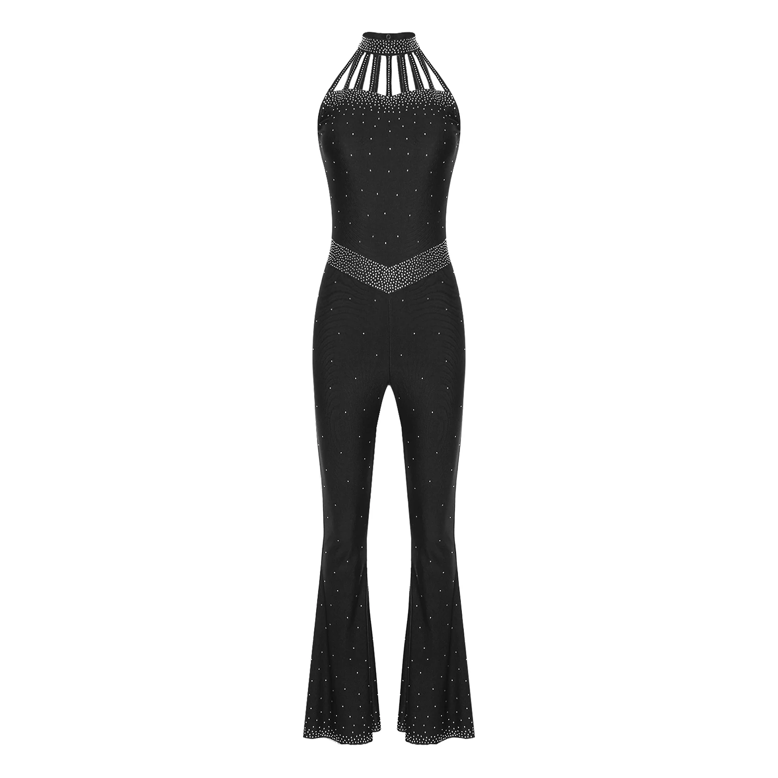 

Women Shiny Rhinestones Latin Jazz Dance Jumpsuit Halter Strappy Bell-Bottom Bodysuit for Figure Skating Gymnastics Performance
