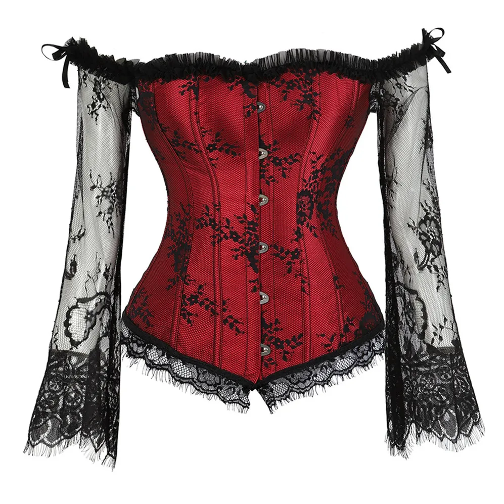 Vintage Women Sexy Bustier Off-Shoulder Sleeves Lace Embroidered Corset Gothic Blouse Overbust Corselet Top Lingerie Plus Size