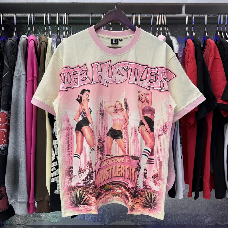 Quality Real Photos Life Hustlers T-shirts Pink Couple Prints Street Fashion Casual Comfortable Round Neck Short Sleeved Tops