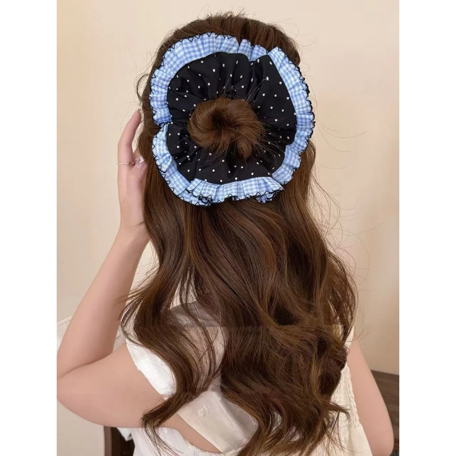 

1PC Elegant Polka Dot Plaid Lace Scrunchie for Women, High-Elastic Hair Tie for Low Ponytail, Large-Sized Hair Accessory Hair