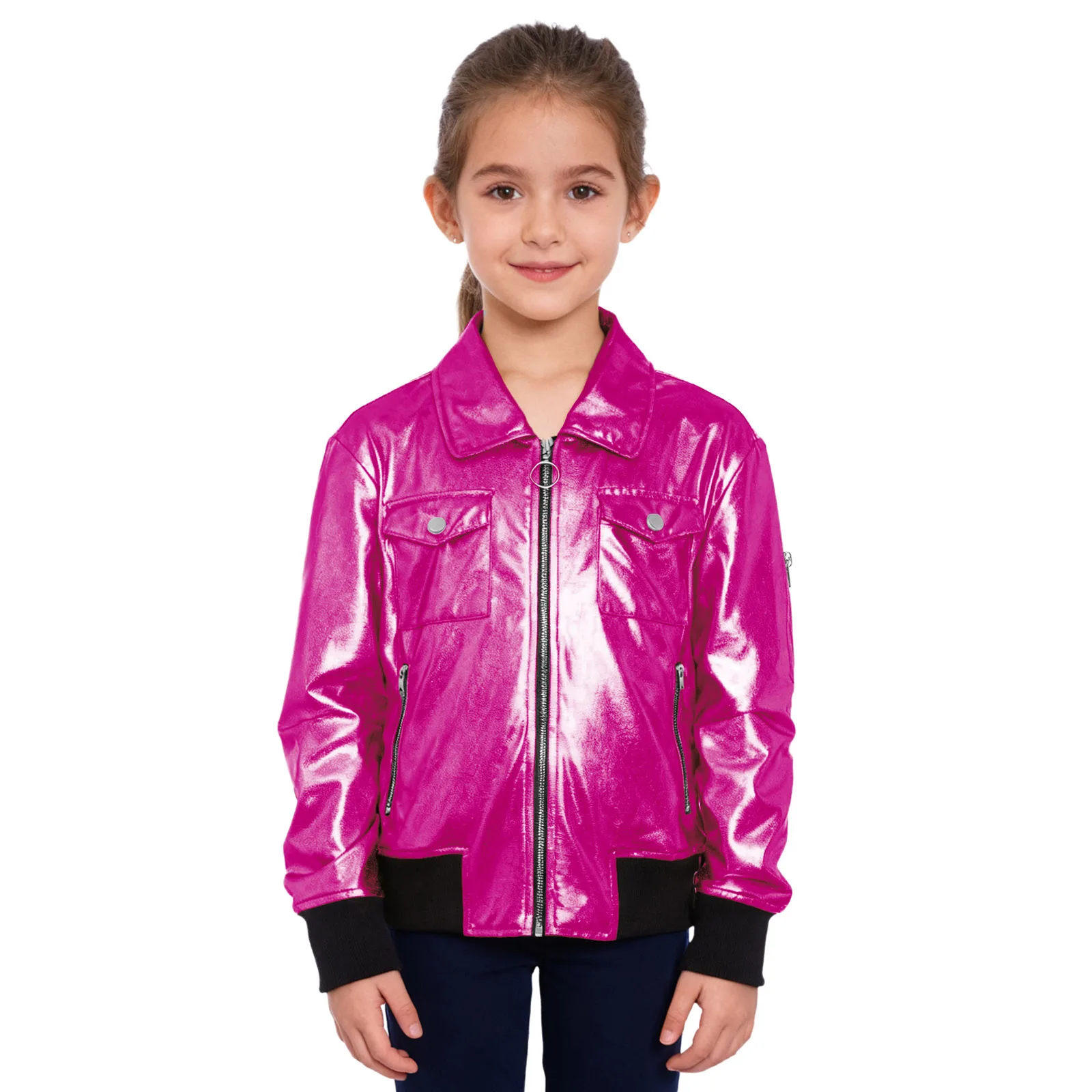 

Kid Girls Metallic Jacket Coat Turn-Down Collar Long Sleeve Contrast Color Outerwear with Pockets for Jazz Hip Hop Dancewear