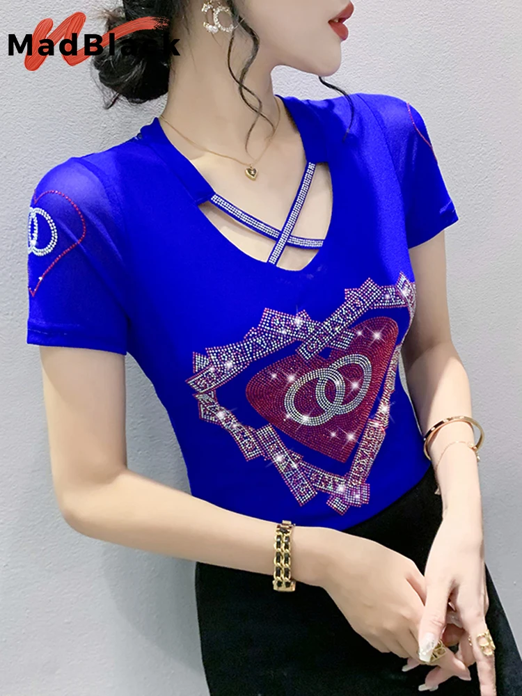 

MadBlack Summer European Clothes T-Shirt Sexy Off Shoulder Shiny Rhinestone Woman Slim Double Layer Mesh Tops ShortSleeveT34620C