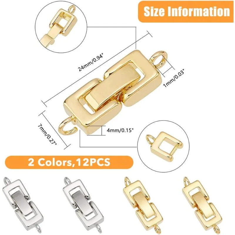 12Pcs 2 Colors Brass Fold Over Clasps 0.9x0.3Inch Jewelry Extender Micro Foldover Extension Clasp Set with Hole for Bracelet