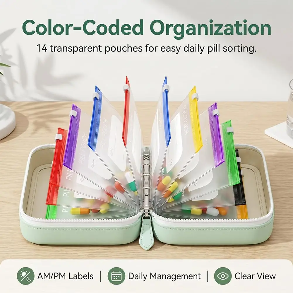 Pill Organizer Binder Case 14 Days Reusable Color Zipper Pill Pouch with Writable Label Waterproof Travel Medicine Container