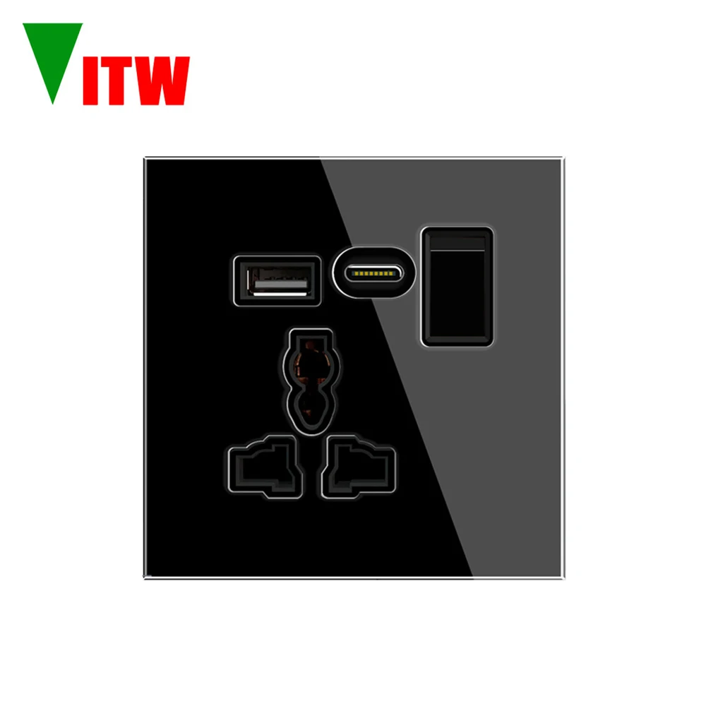 Vitw 13A UK 3-pin wall power outlet with switch, tempered glass panel, EU multi-function Type-C interface USB charging socket