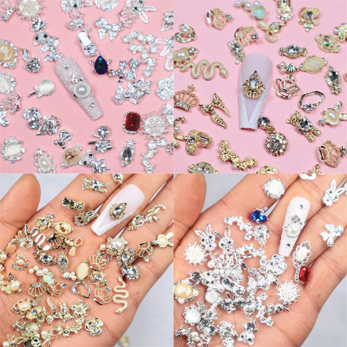 10pcs Mixed Luxury Zircon Nail Art Charms 3D Ranbom Gold Silver Alloy Jewelry Rhinestones Nail Decorations Parts DIY Accessories