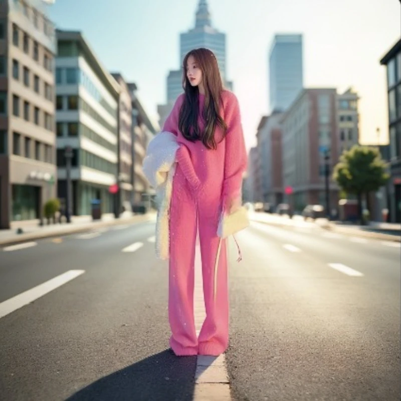 Conjunto de dos piezas de ropa elegante para mujer, suéter de punto de estilo perezoso con temperamento a la moda de otoño e invierno + pantalones de pierna ancha de cintura alta