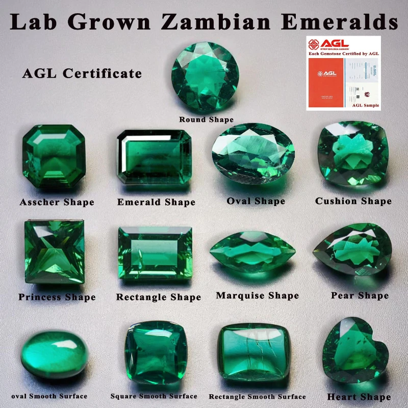 

Lab Grown Zambian Emeralds Hydrothermal Hand Cutting Selectable AGL Certificate Multiple Shapes with Cracks Inclusions Inside