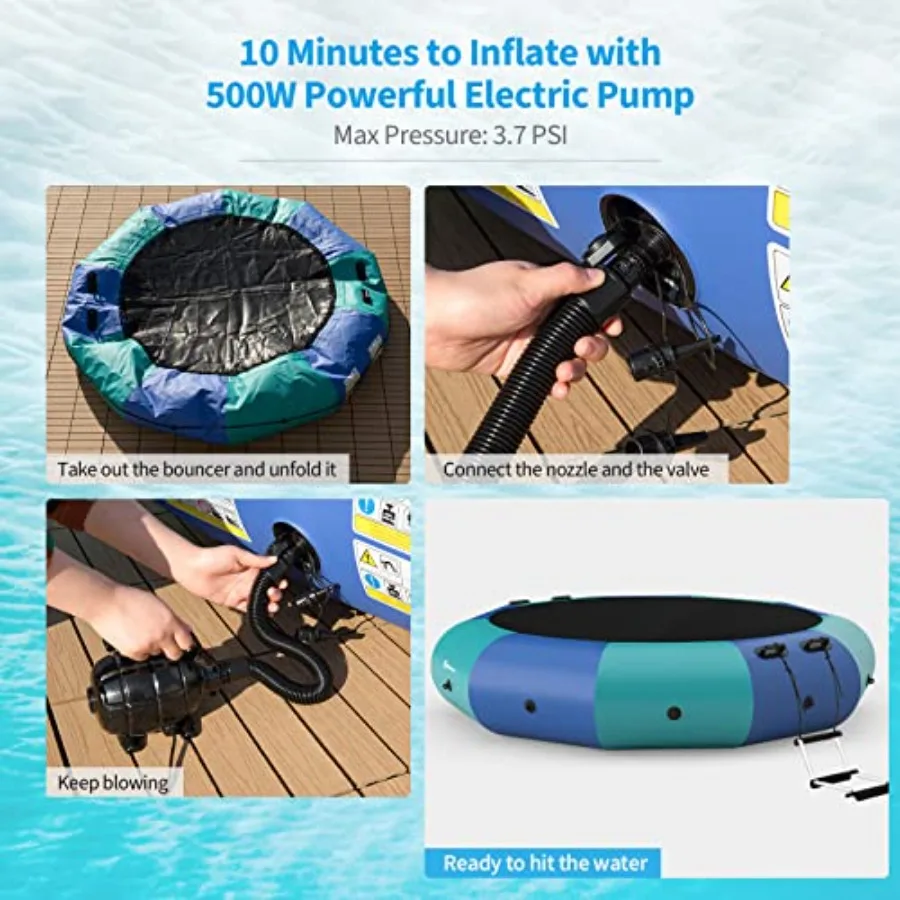 Trampolim Aquático Inflável 10FT 12FT 15FT Bouncer Aquático Recreativo com Inflador Elétrico, Escada de Corda, Cordas de Ancoragem