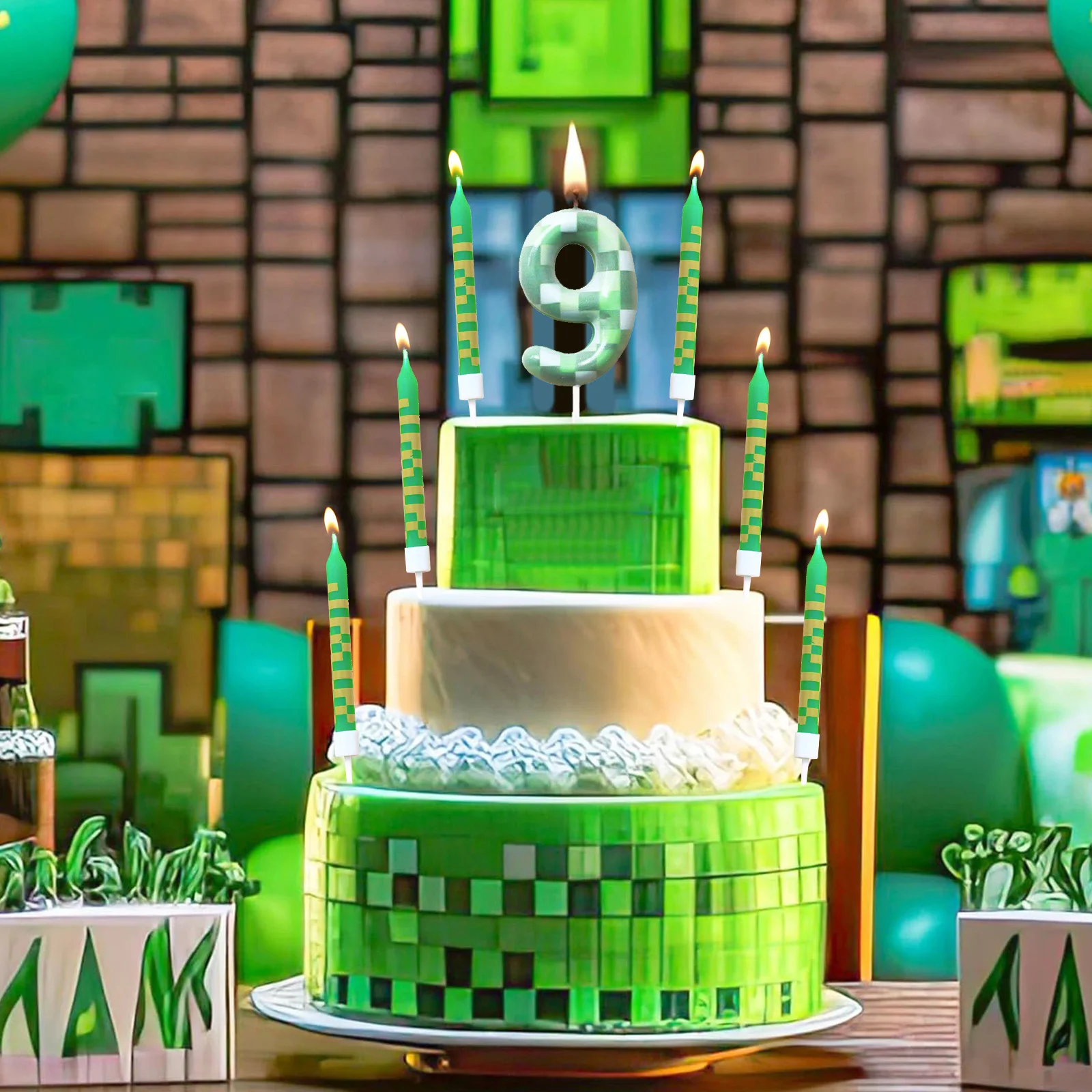 7 Pieces Digital Cake Candle Decoration Minecraft Theme Green, Wishing Candle Kids Birthday Party, Digital Cake Candle Decoratio