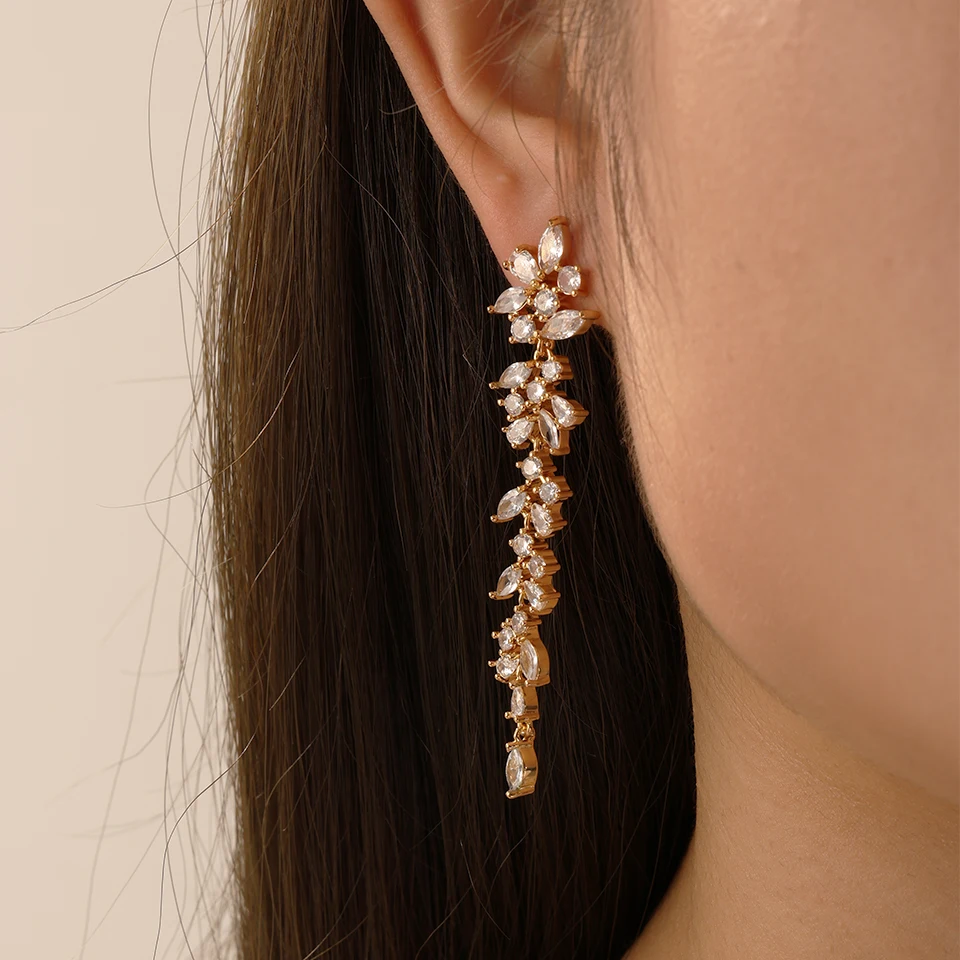 ZAKOL AAA Cubic Zirconia Leaf Long Dangle Earrings dla kobiet Eleganckie ślubne zaręczynowe akcesoria do uszu — zdjęcie 4