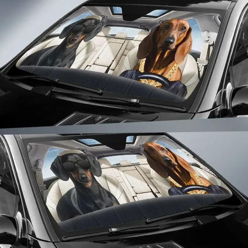 Pare-soleil personnalisé pour voiture, chien teckel, housse de voiture, protection de fenêtre, pare-brise