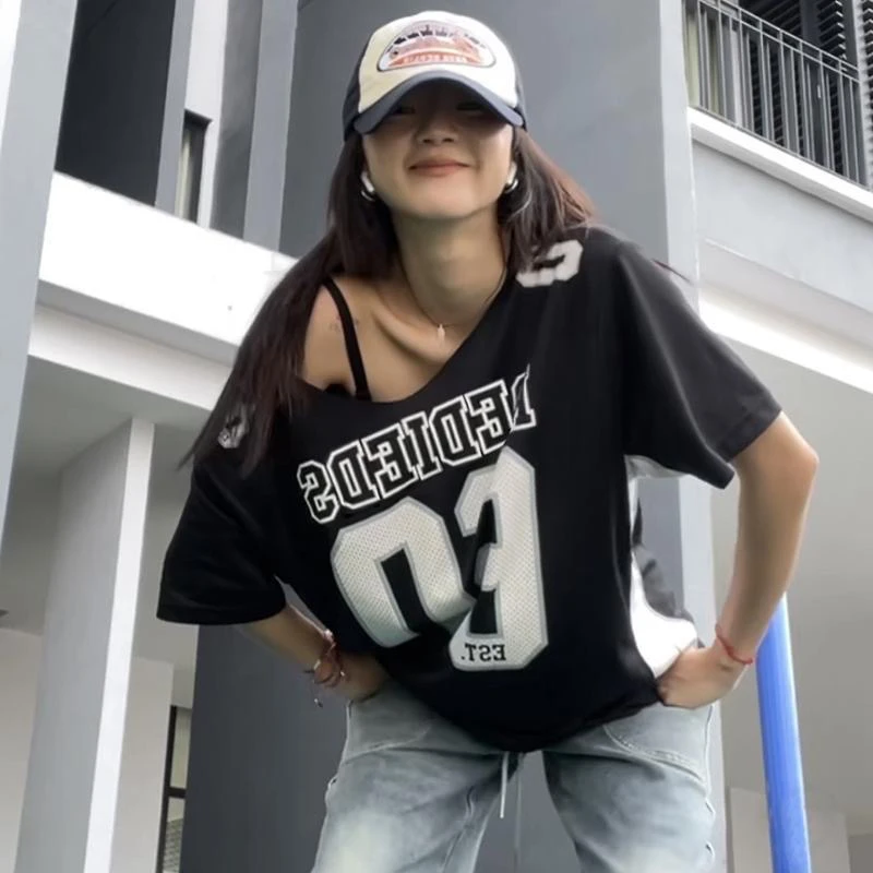 American Retro Summer College Style Printed Casual Sports Short Sleeve T-Shirt Women Loose Large Version BF Black Top Women