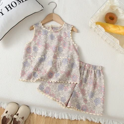 Summer Girls' Suits fashion Floral And Polka Dot Print Vest With Pocket+Shorts 2 Piece Set Cute Kids' Clothing Sets