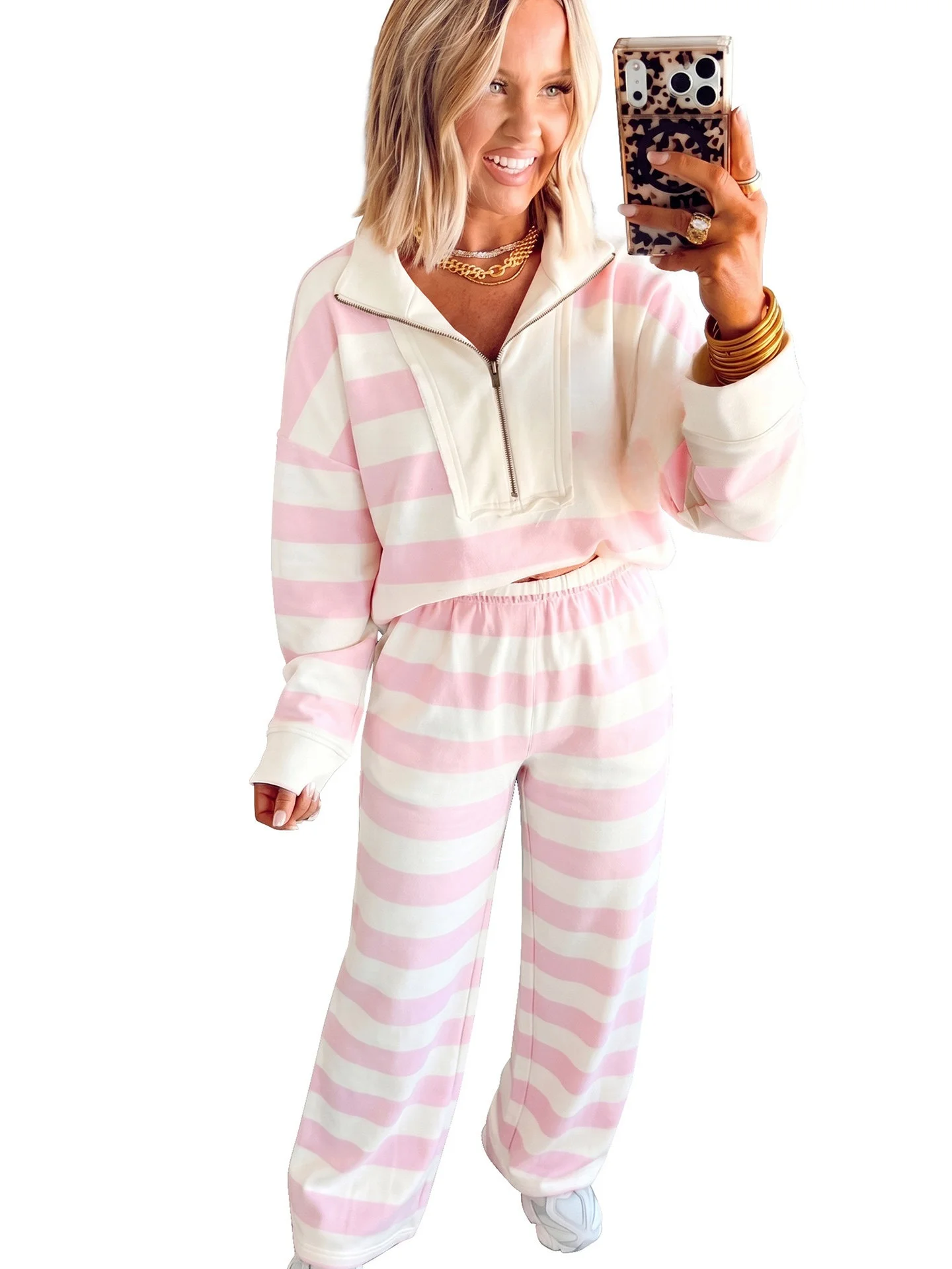 DearLover Casual Stripe Pattern Half Zip Hooded Sweatpants Women's Autumn Winter New Style Two-Piece Set High Waist Loose Fit