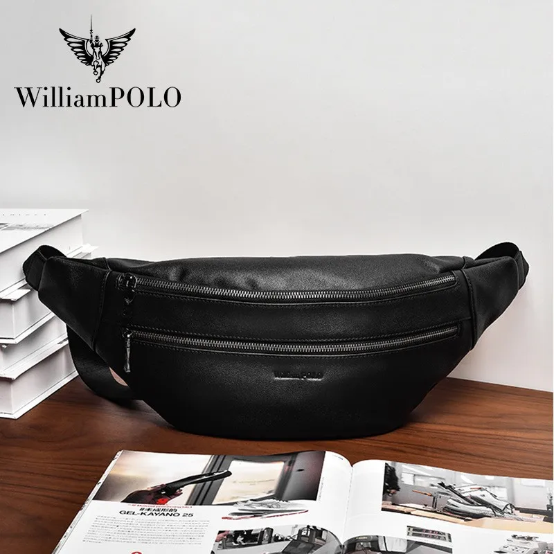 WILLIAMPOLO Genuine Leather Men Waist Bag Soft Leather Fanny Belt Pack Travel Waist Phone Pouch Casual Chest Bag Male Handbag